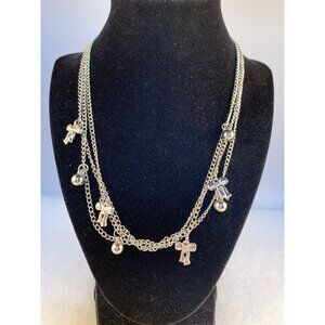 Triple Strand Silver Tone Ball & Bow Necklace W/Rhinestones Earrings (5482-1-2)